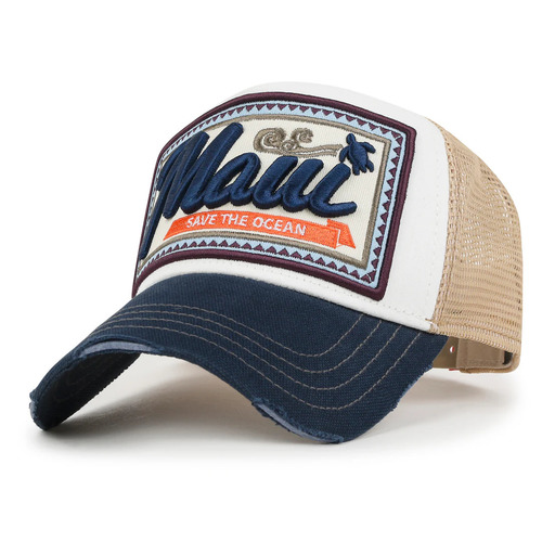 ililily Premium Maui Embroidery Patch Mesh Baseball Cap Distressed Trucker Hat White-Premium