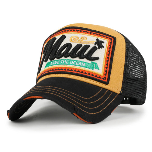 ililily Premium Maui Embroidery Patch Mesh Baseball Cap Distressed Trucker Hat Mustard-Premium