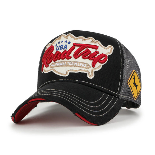 ililily Premium ROAD TRIP Map Embroidery Trucker Hat Vintage Style Baseball Cap black