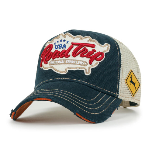 ililily Premium ROAD TRIP Map Embroidery Trucker Hat Vintage Style Baseball Cap Navy