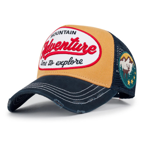 ililily PREMIUM Adventure Patch Structured Trucker Hat Distressed Baseball Cap Yellow - Adventure