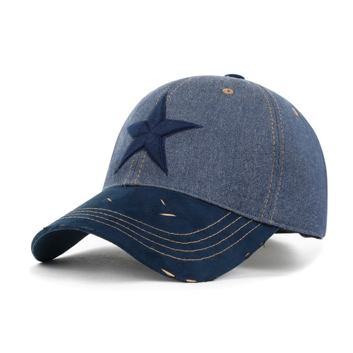 ililily Star Embroidery Cotton Denim Trucker Hat Faux Suede Brim Baseball Cap Blue Denim