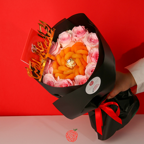 Cute Wonder Dried Fruit Bouquet - Apricot 1014 - 10 roses apricots 1 Ferrero chocolates Height 45 cm Width 25 cm