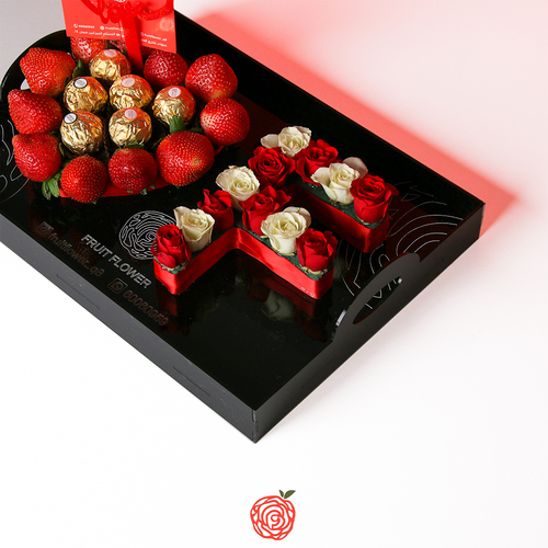 Letter Tray - 2 color 1204 - Acrylic tray. Flowers: baby roses. Fruits: Strawberry. Chocolate : 6 Ferrero Rocher . Length 35 Width 25 cm