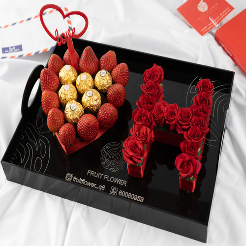 Letter Tray - Red 1201 - Acrylic tray. Flowers: baby roses. Fruits: Strawberry. Chocolate : 6 Ferrero Rocher . Length 35 Width 25 cm