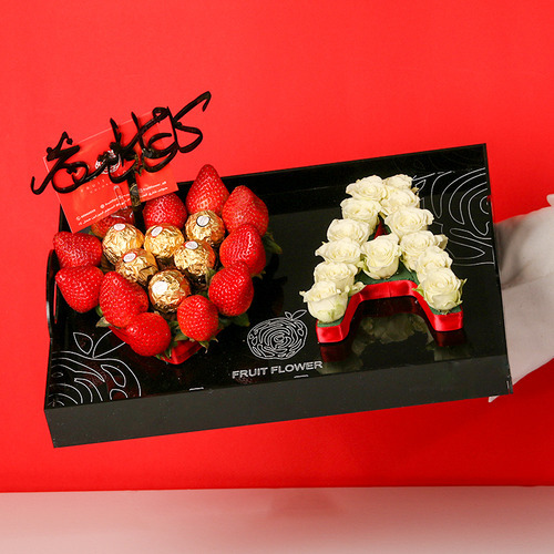 Letter Tray - white 1202 - Acrylic tray. Flowers: baby roses. Fruits: Strawberry. Chocolate : 6 Ferrero Rocher . Length 35 Width 25 cm