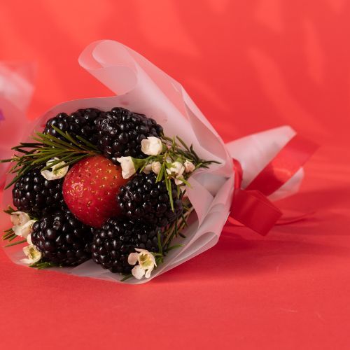 Strawberry Blackberry cute bouquet 212 - Strawberry,Blackberry and wax flowers Dimensions 
 Height 18 Width 12