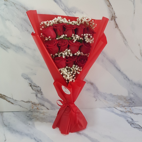 I love all 12 months of the year 1127 - 12 red roses with gypsophila as beautiful bouquet  height 55 cm width 30 cm