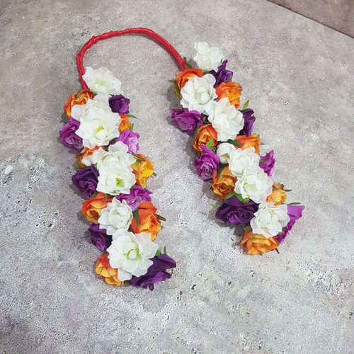 artificial flowers collar for kids 118 - This beautiful flower collar features artificial baby roses in orange, purple, and white Delphinium flowers.  The collar measures 35 cm in length.