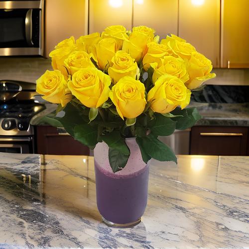 purple vase with roses 526 - This elegant purple vase is filled with 20 vibrant roses,This beautiful combination creates a striking centerpiece that is sure to capture attention. This arrangement itself stands at an impressive  height of 40 cm and has a width of 30 cm,  making it a substantial and eye-catching piece.