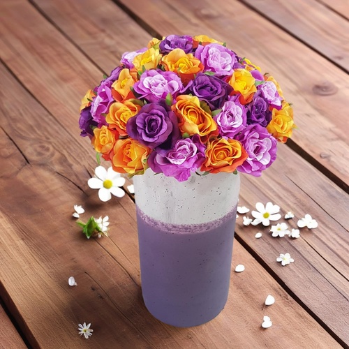 Fruit Flower - artificial flowers in vase 1807 - Enhance the ambiance of any space with these stunning orange and purple  baby roses in a purple vase. The vibrant orange hue of the roses adds a pop of color, while the purple vase complements the flowers beautifully.  Perfect for both home and office decoration, these artificial flowers require no maintenance and will maintain their beauty for years to come.  With a height of 30 cm and a width of 18 cm