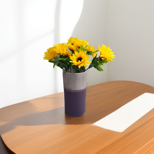 Artificial Sunflowers in Purple Vase 1811 - Artificial sunflowers are carefully designed to replicate the natural beauty of real sunflowers with exceptional attention to detail. The petals of the artificial sunflower typically range in bright yellow to golden hues, with some variations of orange and brown near the center, mimicking the gradient found in fresh sunflowers.
 height 40 cm width 30 cm