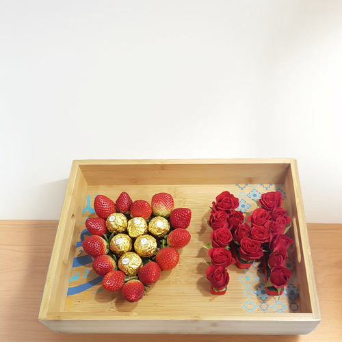 Letter Tray - Red 1201 - Wooden tray. Flowers: baby roses. Fruits: Strawberry. Chocolate : 6 Ferrero Rocher . Length 35 Width 25 cm