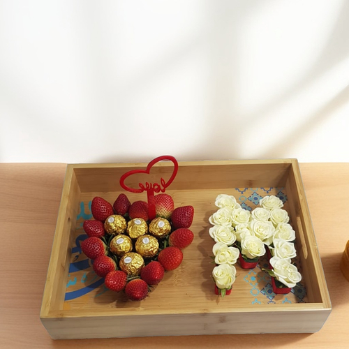 Letter Tray - white 1202 - Wooden Tray. Flowers: baby roses. Fruits: Strawberry. Chocolate : 6 Ferrero Rocher . Length 35 Width 25 cm