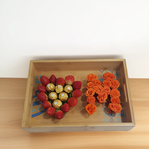 Letter Tray - Orange 1210 - Wooden tray. Flowers: baby roses. Fruits: Strawberry. Chocolate : 6 Ferrero Rocher . Length 35 Width 25 cm