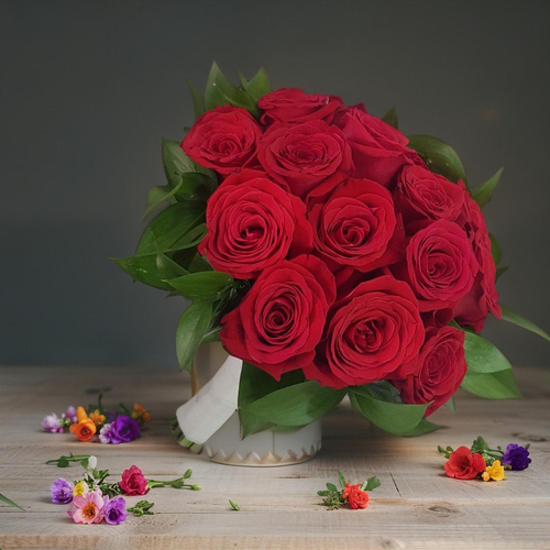 Fruit Flower - bridal bouquet of Roses 1147 - A bridal bouquet featuring vibrant roses paired with lush green ruscus. The rich red blooms symbolize deep love and passion. Elegant , perfect for celebrations.
The bouquet stands at a height of 30 cm, with a width of 20 cm. Its compact yet full design ensures it remains elegant and easy to carry.