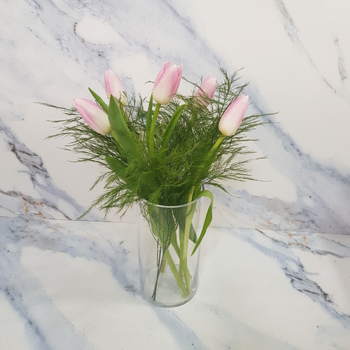 Pink Tulip In Vase 508 - Pink tulip, green tree, in vase, dimensions, width 15 cm and height 35 cm