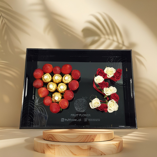 Letter Tray - 2 color 1204 - Acrylic tray. Flowers: baby roses. Fruits: Strawberry. Chocolate : 6 Ferrero Rocher . Length 35 Width 25 cm