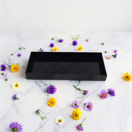 black acrylic tray 430 - This elegant black acrylic tray measures 40 cm in length ,15 cm in width and the sides height 1.5 cm
