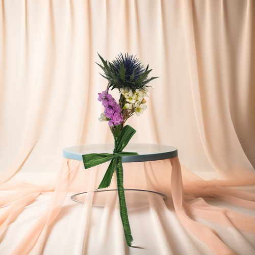 Eryngium with White Wax Flowers and Purple Statics 947 - A captivating bouquet featuring bold blue Eryngium, soft white wax flowers, and vibrant purple statice. Rich in texture and color, it blends rustic charm with modern elegance.   Ideal for gifting and give aways .