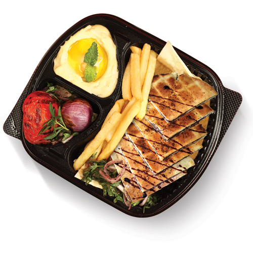 Arayes plate - Arayes, Grilled Tomatoes & Onions, French Fries, Biwaz & Mixed Pickles