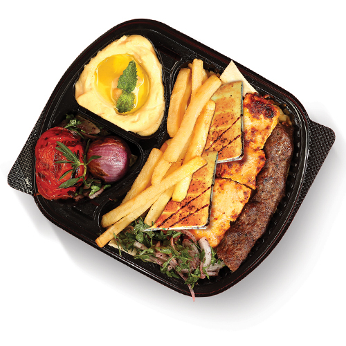 Mix Grill Arayess - Arayes, Taouk, Kabab, Grilled Tomatoes & Onions, French Fries, Garlic Paste, Biwaz & Mixed Pickles