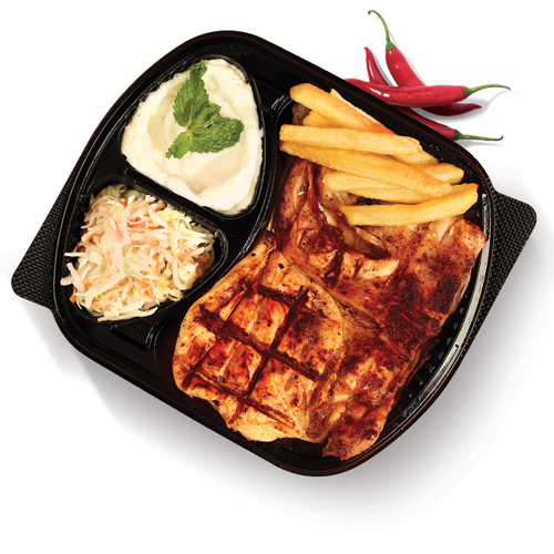 Spicy Chicken Platter - Grilled spicy Chicken, Coleslaw , French Fries, Garlic Paste & Baby Pickles.