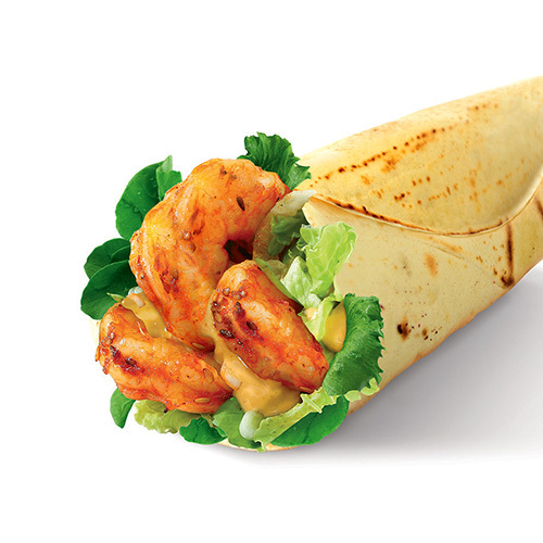 Grilled dynamite Shrimp Sandwich - Grilled Shrimps, spicy Dynamite Sauce, iceberg, Rocca Leaves & Spring Onion in Lebanese Bread``