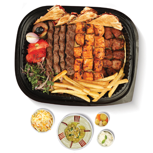 Large Mix Grill - 4 Kebab, 3 Taouk, 2 Beef, 4 Arayes, Grilled Tomatoes and Onions,  French Fries, Garlic Paste, Biwaz & Mixed Pickles