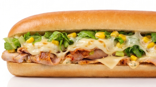 Chicken Sub Sandwich - Chicken fillet, mozzarella cheese, lettuce, sweet corn, pickles, special sauce, soya sauce and french bread.