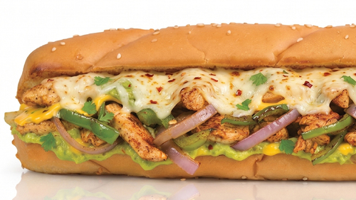 Chicken Fajita Sandwich - Marinated chicken fajita, green pepper, grilled onion, grilled mushroom, avocado sauce, soya sauce, mozzarella cheese, french bread.