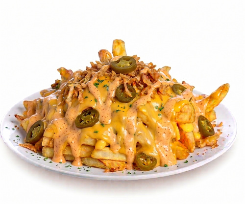 Potatchio - fries, special mix, jalapeno, crispy onion, cheddar cheese & dynamite sauce