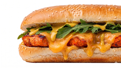Taouk honey mustard - Grilled taouk ,honey mustard sauce,cheddar cheese, rocca leaves,iceberg,in french bread