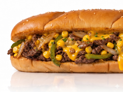 Philadelphia Sandwich - philadelphia beef fillet , green pepper , grilled onion, grilled mushroom,sweet corn, mozzarella cheese, mayo, Soya sauce in french bread.