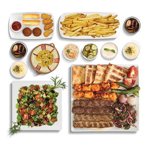 Couple Lunch Pack - 2 taouk, 4 arayes, 4 kabab (chicken or beef), French fries, fattouch or taboule, hummus or mutabal, 2 kibbeh or 2 cheese rolls or 4 cheese jalapeno and 2 soﬅ drinks or 2 muhallabia.