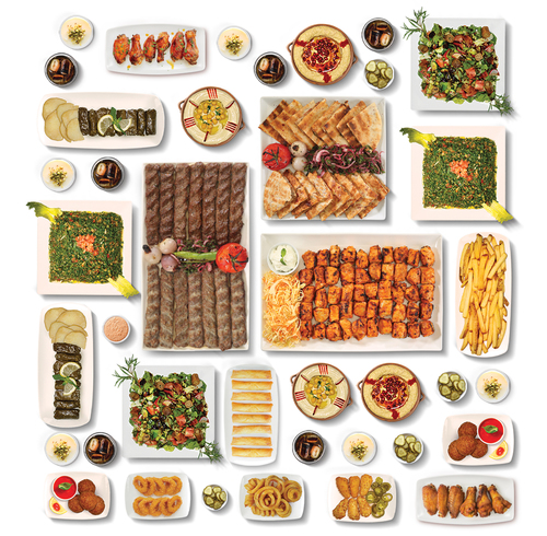 Diwaniya Pack - The order includes 10 taouk, 20 pieces of arayes, 14 kebabs (chicken or beef), 16 vine leaves, 8 kibbeh, French fries, 2 servings each of fattoush, tabbouleh, hummus, and mutabal. It also includes 10 cheese rolls, 6 jalapeño cheese bites, 8 onion rings, 6 regular chicken wings, 6 spicy chicken wings, and a choice of 10 soft drinks or 10 servings of mhalabya.