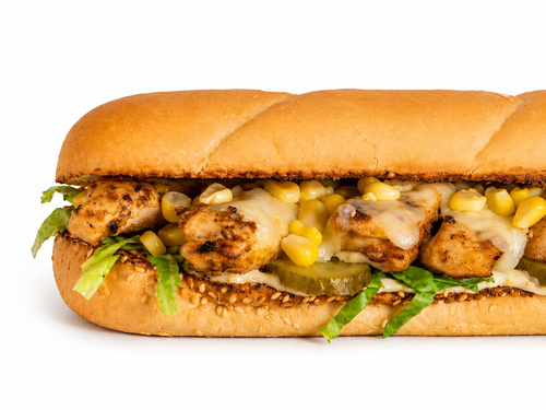 francisco sandwich - Roasted chicken breast strips with cucumber pickles, romaine lettuce, mozzarella cheese, mayonnaise and soy sauce, served in submarine bread.