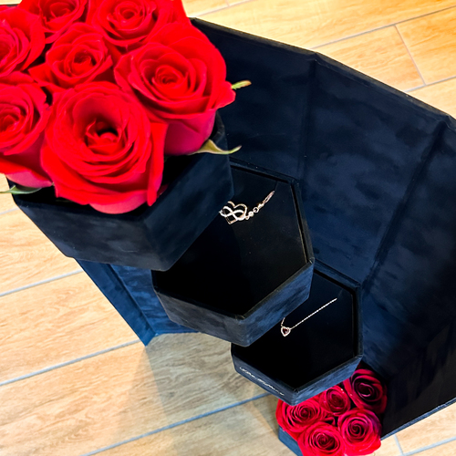 Love Tower Box - -Premium Velvet Tower Box -Silver Gold Plated Necklace -Silver Gold Plated Bracelet -Natural Roses