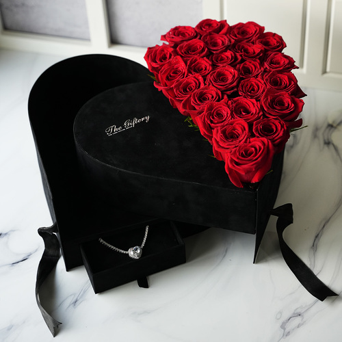 Premium Heart Box - - Black Velvet Heart Design Box with Necklace Drawer- 25 Natural Roses- Premium 18K White Gold double plated Heart Necklace, with AA+ Zircon Stones.