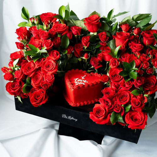 Love Gift Box - - Red Roses Arrangement of about 50 Roses. - 'I Love You' Design cake for 3/4 Persons