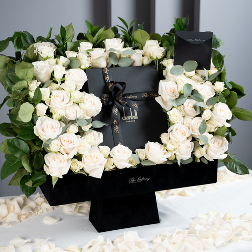 Dunhill Shemagh Gift Box - - Giftery Special Velvet Box - White Dunhill Swiss Made Shemagh - Arrangement of 50 Natural Roses