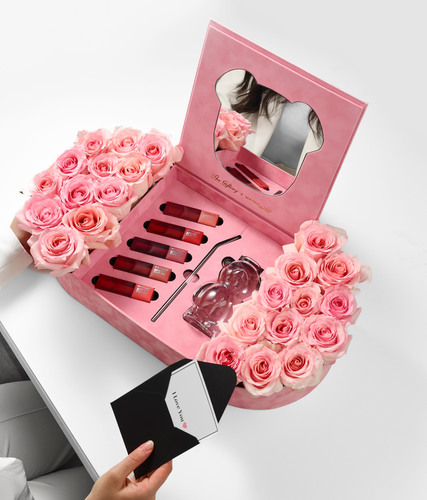 BFF Box - Giftery x Maybelline BFF Box - Premium Pink Velvet Box with Mirror. - 5 Super Stay Lip Tint from 'Maybelline - New York' - Teddy Bear Glass Mug with Glass Straw - 30 Natural Roses