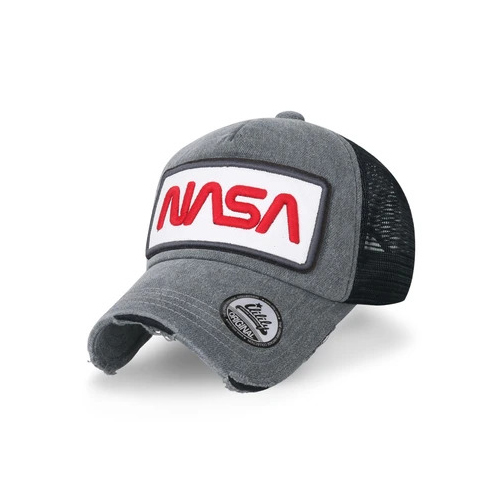 قبعة بيسبول ايليلي مطرزة بشعار ناسا - Grey ililily NASA Worm Logo Embroidery Baseball Cap Mesh Snap Back Trucker Hat Style: basic distressed cotton baseball cap logo embroidered half mesh trucker hat Trim/Embellishment: washed color distressed cotton baseball cap with NASA logo embroidered on the front. color blocked half mesh back trucker cap has an adjustable snapback closure. Crown: round top button dad hat. The inner of the cap is lined with a sweatband for optimal wearing comfort. Officially approved high-quality NASA logo cap. Inner band: approx. 57cm (7 1/8) / brim width: approx. 7.5cm (2.75