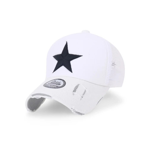 قبعة بيسبول ايليلي مطرزة بشكل نجمة - White Mesh ililily Star Embroidery Black White Trucker Hat Cotton Baseball Cap  Style: vintage classic cotton mesh pre-curved baseball cap with adjustable snapback in 3 colors  Trim: big star embroidery casual baseball cap. five small black stars embroidery detail on back of cap.  Brim: simple stylish trucker hat with vintage pre-curved distressed denim like tweed brim  Crown: cotton round with foam at back of crown to ensure comfort. solid mesh back for ventilation. round top button. inner of cap is lined with sweatband for optimal wearing comfort.  
 Material: 60% Cotton, 40% Polyester  
 Wash Instruction: Do not wash, wipe with moist cloth