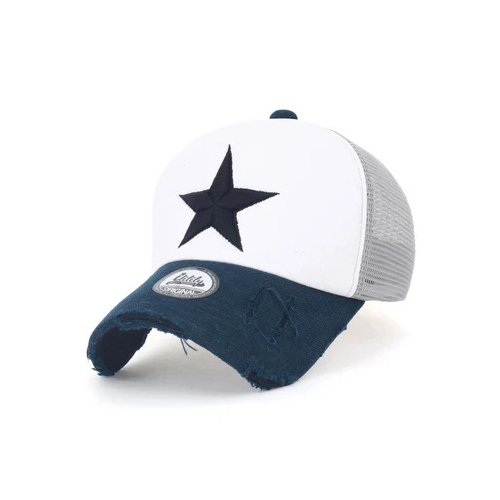 قبعة بيسبول ايليلي مطرزة بشكل نجمة - White Navy ililily Star Embroidery Black White Trucker Hat Cotton Baseball Cap  Style: vintage classic cotton mesh pre-curved baseball cap with adjustable snapback in 3 colors  Trim: big star embroidery casual baseball cap. five small black stars embroidery detail on back of cap.  Brim: simple stylish trucker hat with vintage pre-curved distressed denim like tweed brim  Crown: cotton round with foam at back of crown to ensure comfort. solid mesh back for ventilation. round top button. inner of cap is lined with sweatband for optimal wearing comfort.  
 Material: 60% Cotton, 40% Polyester  
 Wash Instruction: Do not wash, wipe with moist cloth