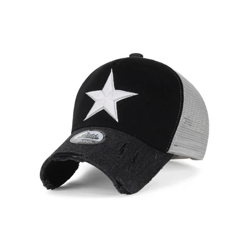 قبعة بيسبول ايليلي مطرزة بشكل نجمة - Black ililily Star Embroidery Black White Trucker Hat Cotton Baseball Cap  Style: vintage classic cotton mesh pre-curved baseball cap with adjustable snapback in 3 colors  Trim: big star embroidery casual baseball cap. five small black stars embroidery detail on back of cap.  Brim: simple stylish trucker hat with vintage pre-curved distressed denim like tweed brim  Crown: cotton round with foam at back of crown to ensure comfort. solid mesh back for ventilation. round top button. inner of cap is lined with sweatband for optimal wearing comfort.  
 Material: 60% Cotton, 40% Polyester  
 Wash Instruction: Do not wash, wipe with moist cloth