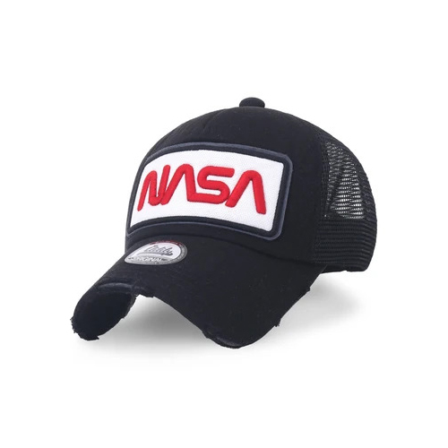 Vally - Black Ililily NASA Worm Logo Embroidery Baseball Cap Mesh Snap Back Trucker Hat - Black ililily NASA Worm Logo Embroidery Baseball Cap Mesh Snap Back Trucker Hat Style: basic distressed cotton baseball cap logo embroidered half mesh trucker hat Trim/Embellishment: washed color distressed cotton baseball cap with NASA logo embroidered on the front. color blocked half mesh back trucker cap has an adjustable snapback closure. Crown: round top button dad hat. The inner of the cap is lined with a sweatband for optimal wearing comfort. Officially approved high-quality NASA logo cap. Inner band: approx. 57cm (7 1/8) / brim width: approx. 7.5cm (2.75