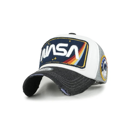 Vally - Grey Bill Ililily NASA Worm Logo Embroidery Baseball Cap Mesh Snap Back Trucker Hat - Grey Bill ililily NASA Worm Logo Embroidery Baseball Cap Mesh Snap Back Trucker Hat Style: basic distressed cotton baseball cap logo embroidered half mesh trucker hat
Trim/Embellishment: washed color distressed cotton baseball cap with NASA logo embroidered on the front. color blocked half mesh back trucker cap has an adjustable snapback closure. Crown: round top button dad hat. The inner of the cap is lined with a sweatband for optimal wearing comfort.
Officially approved high-quality NASA logo cap.
Inner band: approx. 57cm (7 1/8) / brim width: approx. 7.5cm (2.75