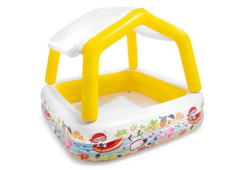 Vally - Sun shade pool - Sun Shade Poo 
 Splash and play and keep cool in the shade with this fun Intex Sun Shade Pool! The wide side walls and the extra-wide sun shade allows for maximum play in shady comfort. The sun shade is removable, simply detach from the pool and enjoy play in the sun. The stylish ocean scene is attractive to young children. 
 Water Capacity: 78 gal (8.5in of wall height) Built with 10ga vinyl Includes: drain plug, repair patch Approximate inflated size: 62in L X 62in W X 48in H Age grade: 2+ years