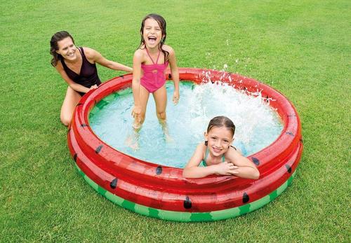 فالي - حمام سباحة بشكل البطيخ - Watermelon Pool 
 Cool off your kids on a hot day with this fun and eye-catching watermelon kiddie pool in your backyard. It is constructed with durable 9ga vinyl and 7 ga floor. Water capacity is 154 gallons, approximately 11.5 in of wall height. Designed for ages 2+. 
 Approximate size 66in X 15in 9ga vinyl with 7ga floor 3 rings Capacity 11.5 in of wall height: 154 gallons Colorful watermelon print Comes with a repair patch Designed for age 2+